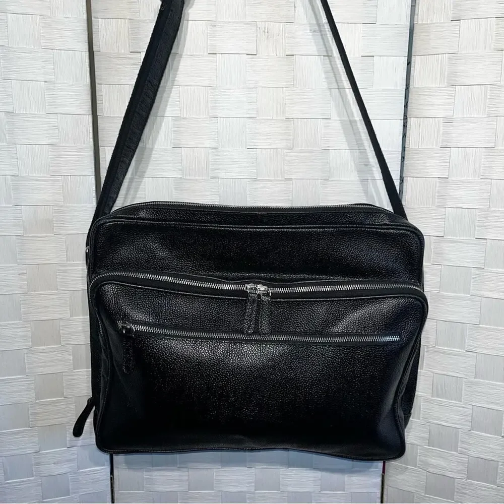Lucaldo Men’s Laptop/Briefcase Messenger Bag Black Leather Multi Pockets Italian